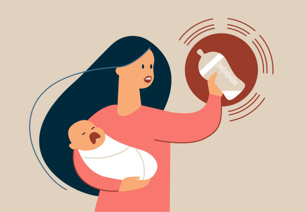Mother with hungry crying little baby on her hands holding a feeding bottle with milk formula on the bottom.  Baby formula crisis concept. Mother with hungry crying little baby on her hands holding a feeding bottle with milk formula on the bottom.  Baby formula crisis concept. Flat vector illustration baby formula stock illustrations
