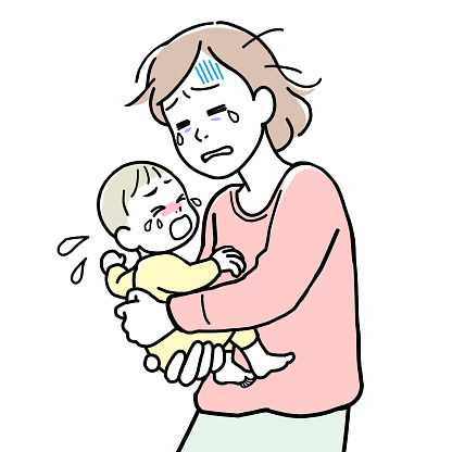A mother with nervous breakdown, holding her crying baby in her arms