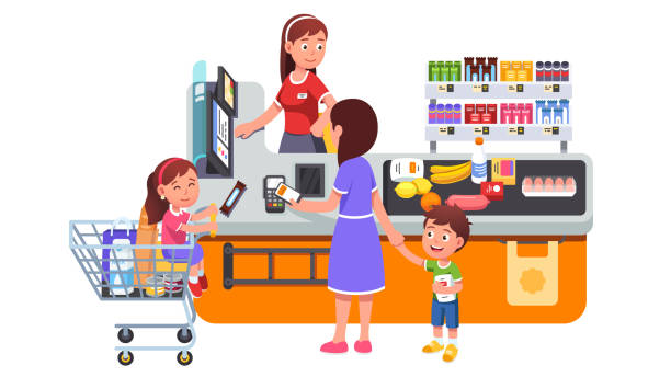 Mother with two kids buying groceries at supermarket. Paying wireless with NFC phone at cashier checkout counter cash register. Daughter kid sitting inside shopping cart. Flat vector illustration Mother with two kids buying groceries at supermarket. Paying wireless with NFC phone at cashier checkout counter cash register. Daughter kid sitting inside shopping cart. Flat style vector isolated illustration store clipart stock illustrations