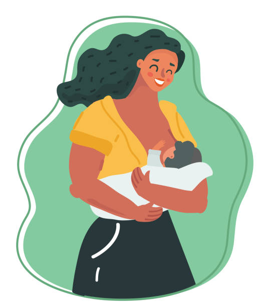 Motherhood and lactation concept. Vector cartoon illustration of Motherhood and lactation concept. Ideal nutrition for infants. Cute baby sucking breast milk. Human characters on green background. breastfeeding stock illustrations