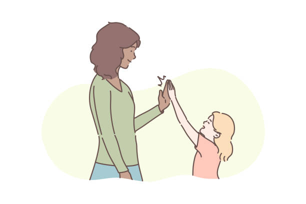 Motherhood, childhood, congratulation concept Motherhood, childhood, congratulation concept. Illustration of international family. Friendship between mother and daughter in cartoon style. Young woman or girl congratulates her child for success. african american mothers day stock illustrations