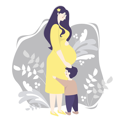 Motherhood. Happy pregnant woman in full growth in a yellow dress, tenderly hugs her belly and a son standing nearby. Gray decorative background, decorated with branches and plants. Vector