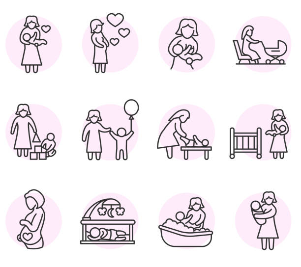 motherhood icons set. motherhood icons set. maternity, child care collection. Thin line design mother icons stock illustrations
