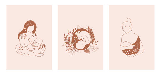 Motherhood, maternity, babies and pregnant women logos, collection of fine, hand drawn style vector illustrations and icons Motherhood, maternity, babies and pregnant women logo set. Collection of fine, hand drawn style vector illustrations and icons. breastfeeding stock illustrations