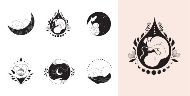 Motherhood, maternity, babies and pregnant women logos, collection of fine, hand drawn style vector illustrations and icons Motherhood, maternity, babies and pregnant women logo set. Collection of fine, hand drawn style vector illustrations and icons. pelvic floor stock illustrations