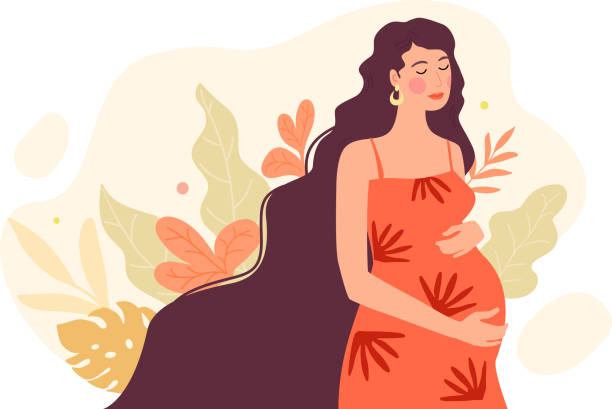Motherhood. Pregnant woman character. Happy expectant mother. Motherhood Vector illustration of a flat design pregnant drawings stock illustrations