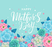 istock Mother's Day banner design concept with beautiful flowers and succulents and lettering on turquoise background. - Vector illustration 1311447025