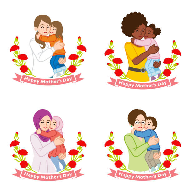 Mother's day clip art set - Mother embracing a child ,four different type mother  african american mothers day stock illustrations