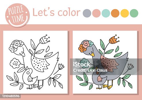 istock Mothers day coloring page for children with baby goose and mother. Vector outline illustration showing family love. Adorable spring holiday color book for kids with colored example 1310480596