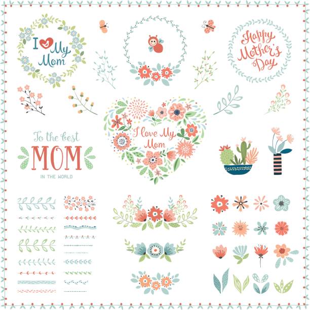 Mother's Day Floral Elements_07 Mother's Day set with typographic design elements. Flowers, branches, brushes, wreath, floral heart, butterflies, plant pots and vases. Vector illustration. cactus borders stock illustrations