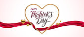 istock Mothers Day greeting card. Golden metal realistic 3d heart with calligraphy and red ribbon. Vector design with love symbol. 1307564811