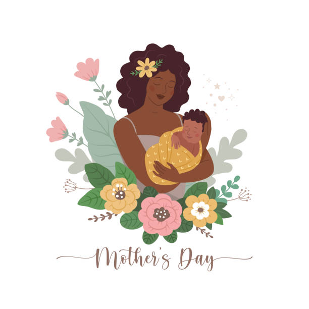 Mother's Day greeting card. Vector illustration of african american cartoon young woman with a baby in her arms, surrounded by flowers. Isolated on white. african american mothers day stock illustrations