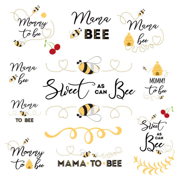 Mothers day logos, icons, labels, tags. Hand drawn set with bee sweet honey badges Mama bee Mothers day banner logos icons label tags badge set with text Mama bee with cute hand drawn bee honey sweet heart Mommy to be card sign poster print Vector illustration for mam birthday anniversary. bee designs stock illustrations