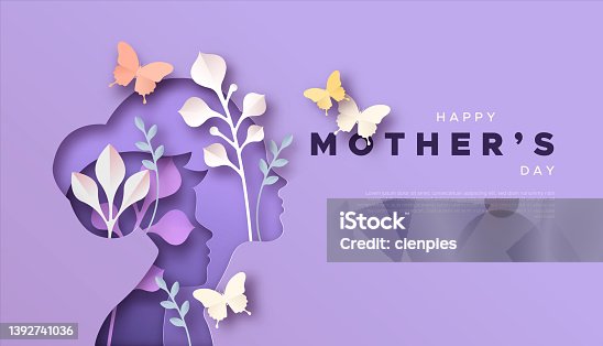 istock Mother's day mom and kid papercut card template 1392741036