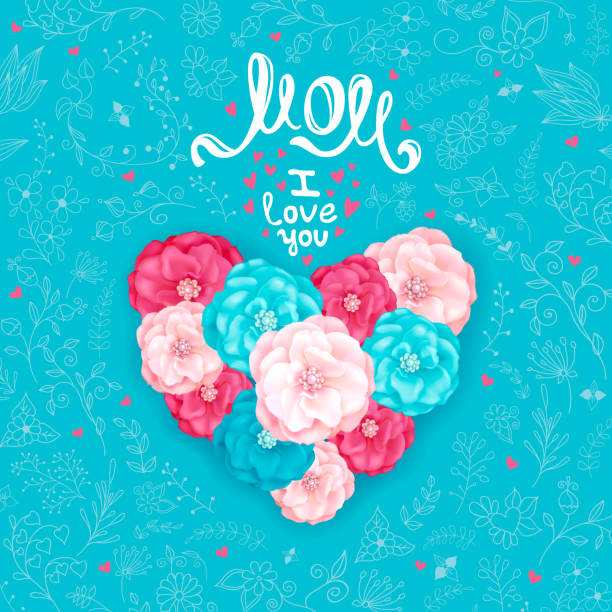 Mothers Day mom i love you Happy Mothers day. Inscription MOM I love you. A big heart made of decorative  flowers of roses on a turquoise background with floral hand drawn ornament. Template for greeting card, banner, poster mother designs stock illustrations