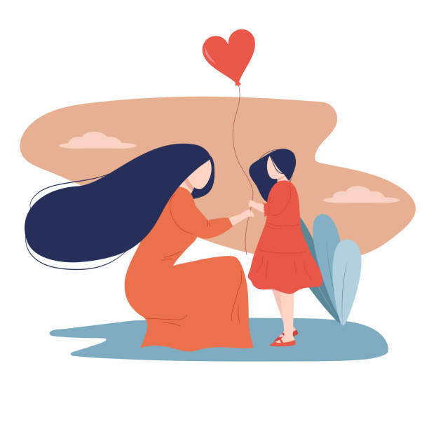 ilustrações de stock, clip art, desenhos animados e ícones de mother's day or children's day greeting card. mom is squatting and holding balloon with her daughter - mother and daughter