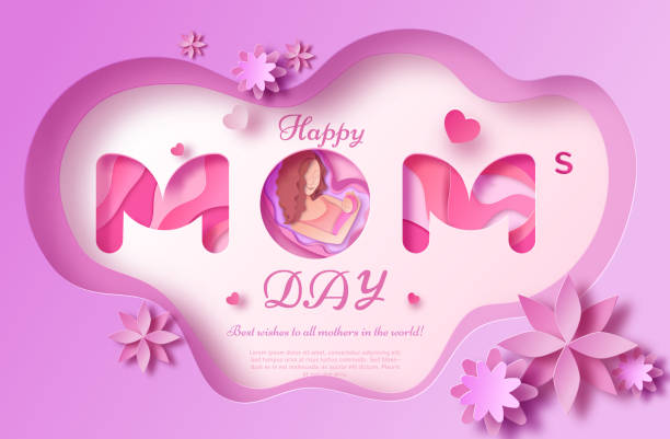 Mother's day origami paper art greeting card in trendy style with frame, patterns, flowers, woman holding baby silhouette. Colorful carved vector illustration Mother's day origami paper art greeting card in trendy style with frame, patterns, flowers, woman holding baby silhouette. Colorful carved vector illustration women borders stock illustrations