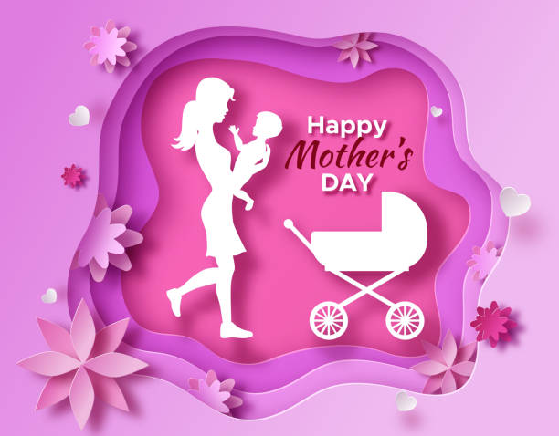 Mother's day origami paper art greeting card in trendy style with frame, patterns, flowers, woman holding baby son silhouette. Colorful carved vector illustration Mother's day origami paper art greeting card in trendy style with frame, patterns, flowers, woman holding baby son silhouette. Colorful carved vector illustration mother borders stock illustrations