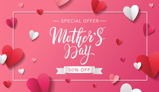 Mother's Day Sale banner design with beautiful lettering and paper hearts. Special offer 50% off. - Vector Mother's Day Sale banner design with beautiful handwritten lettering and paper hearts on pink background. Special offer 50% off. - Vector illustration mother backgrounds stock illustrations
