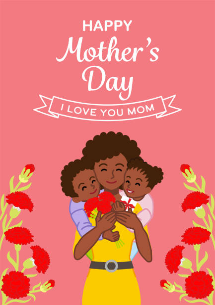 Mother's day template design, African mother embracing two children Mother's day template design, African mother embracing two children african american mothers day stock illustrations