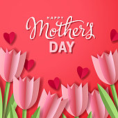 Celebrate the Mother's Day with bunch of tulips and hearts paper craft on the red background