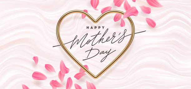 Mothers day vector illustration. Calligraphic greeting in heart shaped metallic frame and flower petals on a pink fluid waves background. Love symbol - realistic golden metallic 3d hearts. Mothers day vector illustration. Calligraphic greeting in heart shaped metallic frame and flower petals on a pink fluid waves background. Love symbol - realistic golden metallic 3d hearts. mother borders stock illustrations