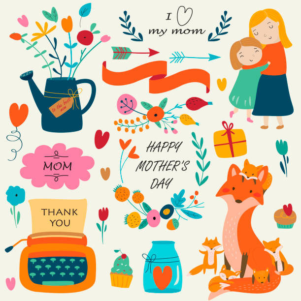 mothersdaysetbrightfox Set of cute illustrations for Mother's Day in cartoon style thank you kids stock illustrations