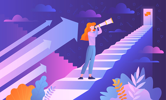 Motivation and inspiration concept. A girl with a telescope in her hands climbs the stairs, symbolizing the path to the goal and success. Flat cartoon vector illustration.
