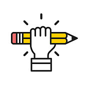istock Motivation logo with hand fist holding a pencil 1303525223