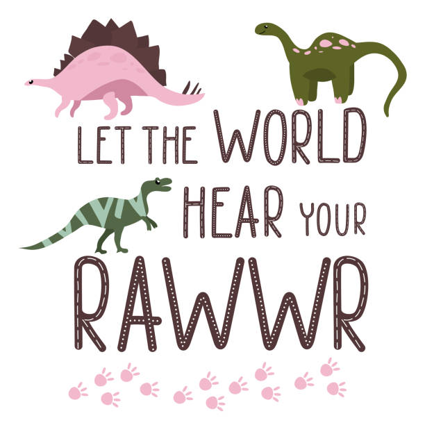 Motivational Dino quote.Let the world hear your Roar text.Cute baby reptiles.Hand drawn dinosaurs illustration.Sketch Jurassic animal. Childish funny comic font.Print for T-shirt.Lettering jurassic world stock illustrations