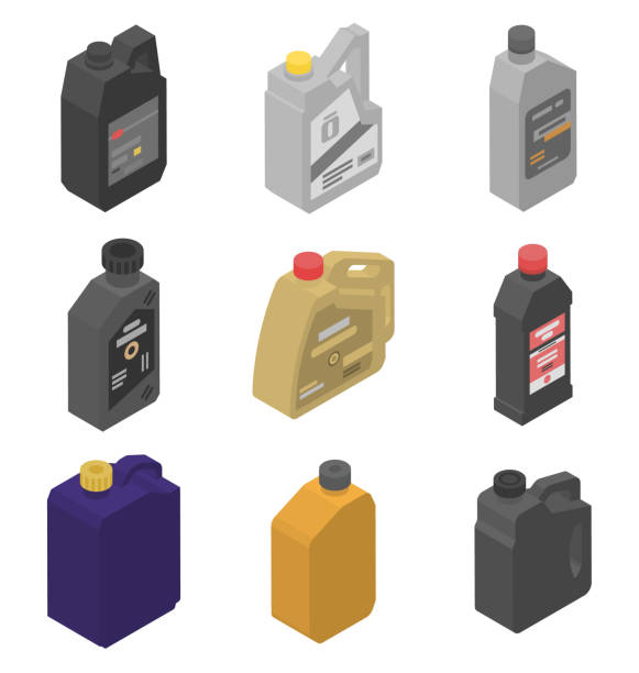 zestaw ikon oleju silnikowego, styl izometryczny - grease stock illustrations