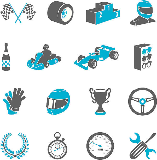 Motor Racing Icons Two tone motor racing icon set. Blue and gray individual icons. Set includes checkered flag, wheel, podium, driver, champagne, go-kart, race car, starting lights, gloves, helmet, steering wheel, winners wreath, stopwatch, odometer, maintenance and winners trophy icons. All icons are independently editable. screwdriver drink stock illustrations