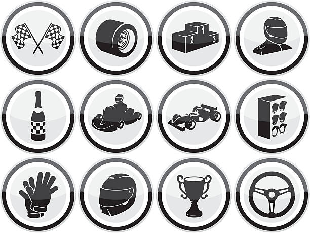 Black shiny button motor racing icon set. Set includes checkered flag, wheel, podium, driver, champagne, go-kart, race car, starting lights, gloves, helmet, steering wheel and winners trophy icons. All icons are independently editable.