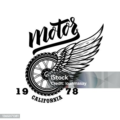istock Motor. T shirt print template with winged wheel. Vector illustration 1365071381