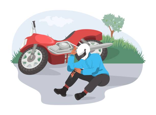 Motorcycle accident, flat vector illustration. Injured motorcyclist sitting on the road next to his damaged motorbike. vector art illustration