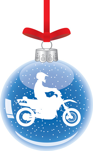 Vector illustration of a glass christmas ornament with a white motorcycle inside hanging from a red ribbon. vector