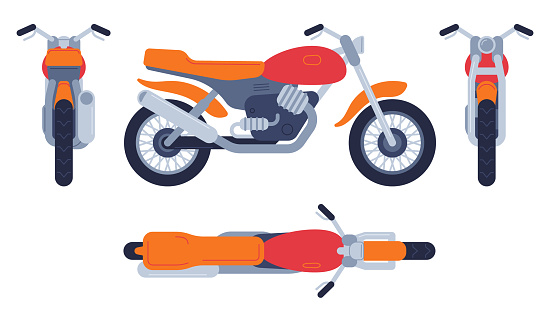 Motorcycle in different positions. Motorbike top, front back and side view, detailed motocross vehicles transport mockup vector set