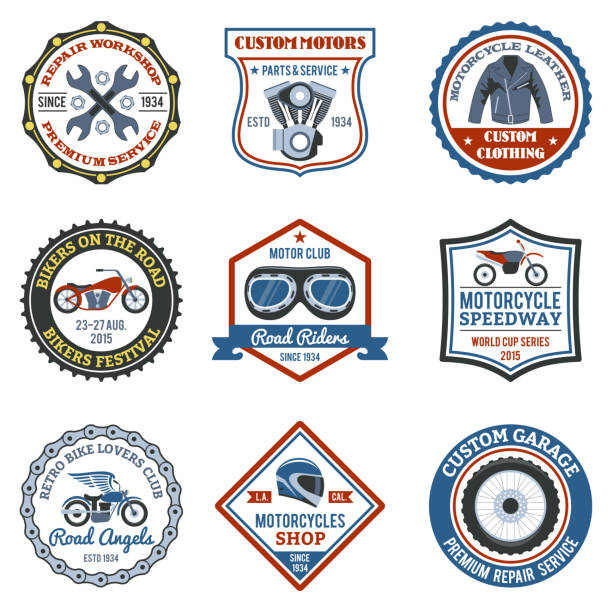 Motorcycle label colored set with transport clothing and workshop...