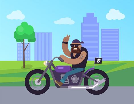 Motorcycle Man Riding in City Vector Illustration