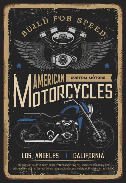 Motorcycle poster vintage, biker moto chopper bike Motorcycle poster, vintage retro biker moto garage and classic chopper bike. Custom motorbike and American motorcycles road travel, engine with wings, California and Los Angeles motors grunge poster garage borders stock illustrations