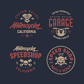 Motorcycles california t-shirt design set. Line art style motor engine skull wrench icon symbol. Vector vintage illustration.