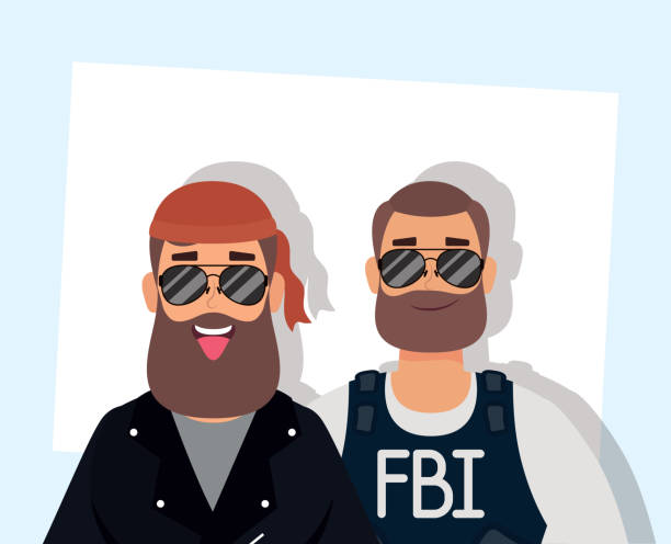 motocyklista mężczyzna z brodą i agentem fbi - fbi stock illustrations