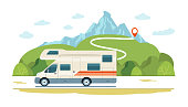 istock Motorhome on the road against the backdrop of a rural landscape. Vector flat style illustration. 1316393581
