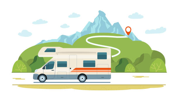 stockillustraties, clipart, cartoons en iconen met camper op de weg tegen de achtergrond van een landelijk landschap. vector vlakke stijlillustratie. - caravan