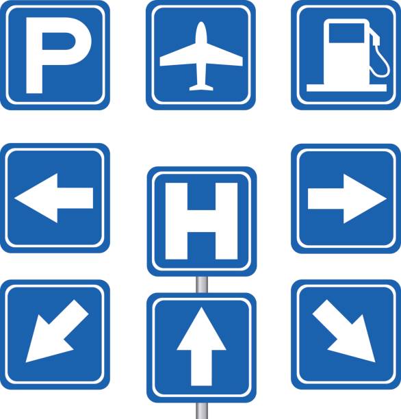 Motorist service and transportation sign Motorist service and transportation sign with pole garage borders stock illustrations