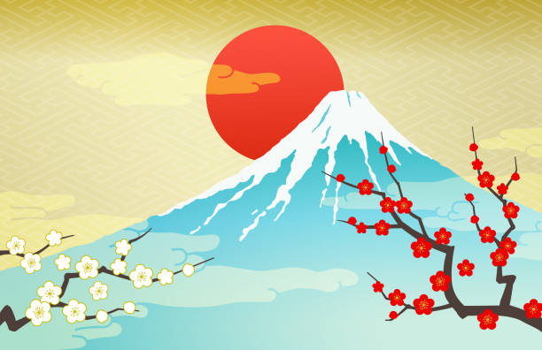 Mount Fuji and Sunrise with Red and white plum  japanese culture stock illustrations