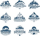 Set of vector mountain and outdoor recreation labels. Mountains and travel icons for tourism organizations, outdoor andventures and camping leisure