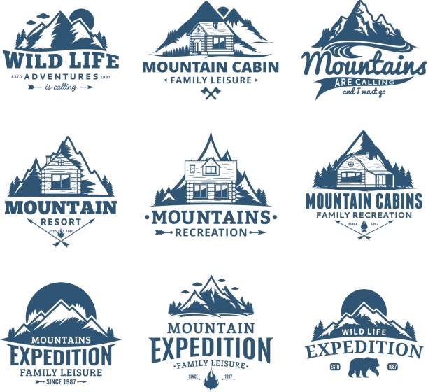 Mountain and outdoor recreation labels Set of vector mountain and outdoor recreation labels. Mountains and travel icons for tourism organizations, outdoor andventures and camping leisure log cabin stock illustrations