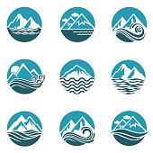 collection with abstract icons of mountain and sea wave