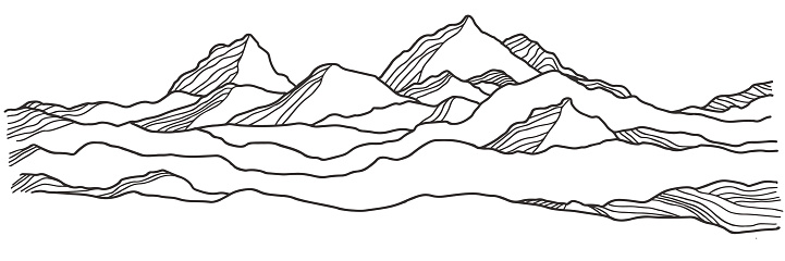 Mountain background vector. Snow landscape line illustration. Sketch drawing. Nature background. Doodle vector.